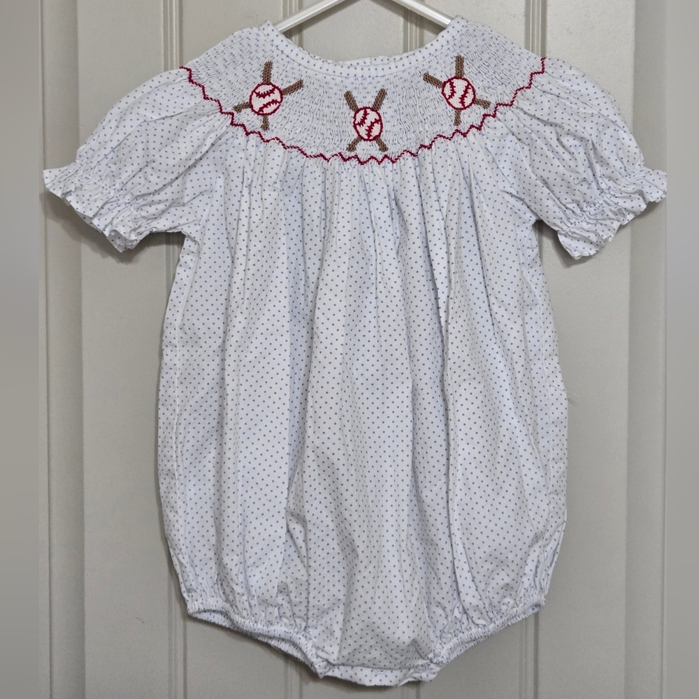 Stitchy Fish Smocked Bubble Romper Baseball and Bats Size 12M